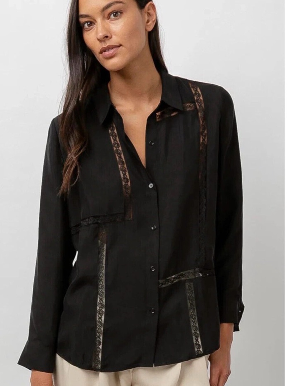 Rails Black Lace Inset Panel Long Sleeve Button Down Blouse Size M⁠